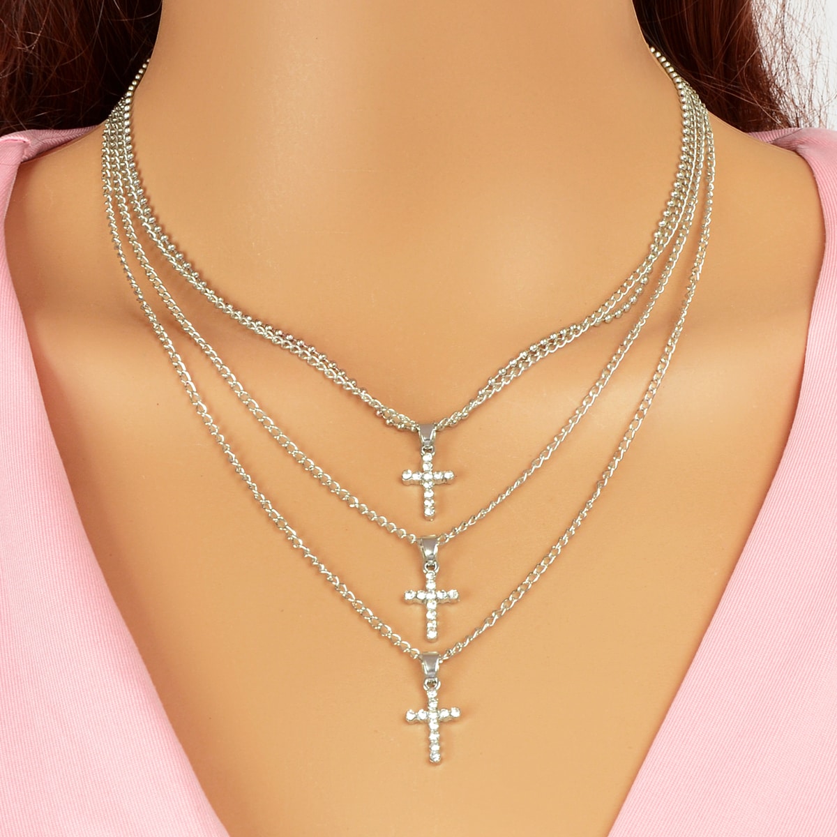 Unique Design Rhinestone Multi-layer Gold Silver Chain Cross Pendant Necklace-4