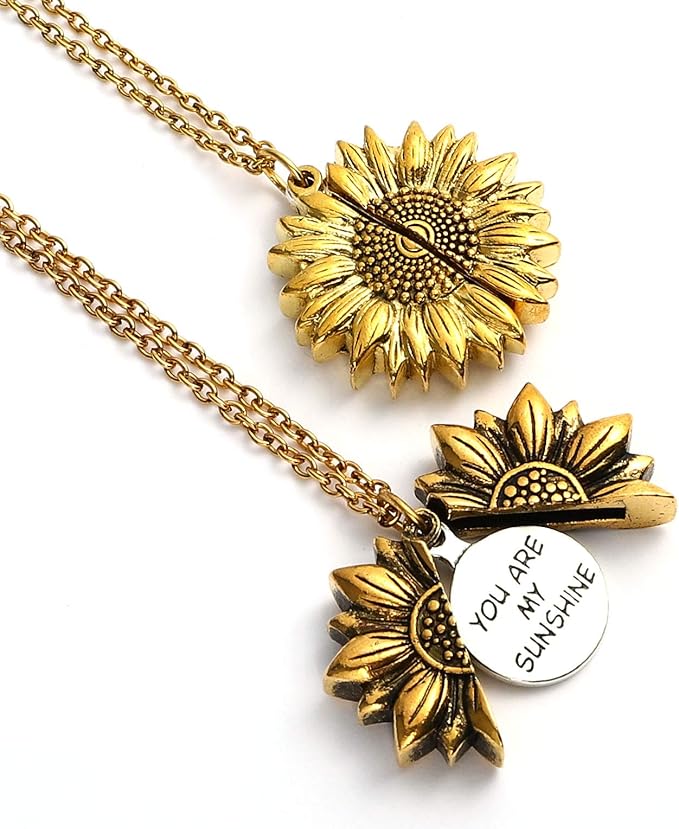 Sunflower Locket Necklace You are My Sunshine Necklace Golden Engraved Choker Memorial Necklace Valentine Secret Message Pendant Chain with Box for Girls Women Birthday Anniversary