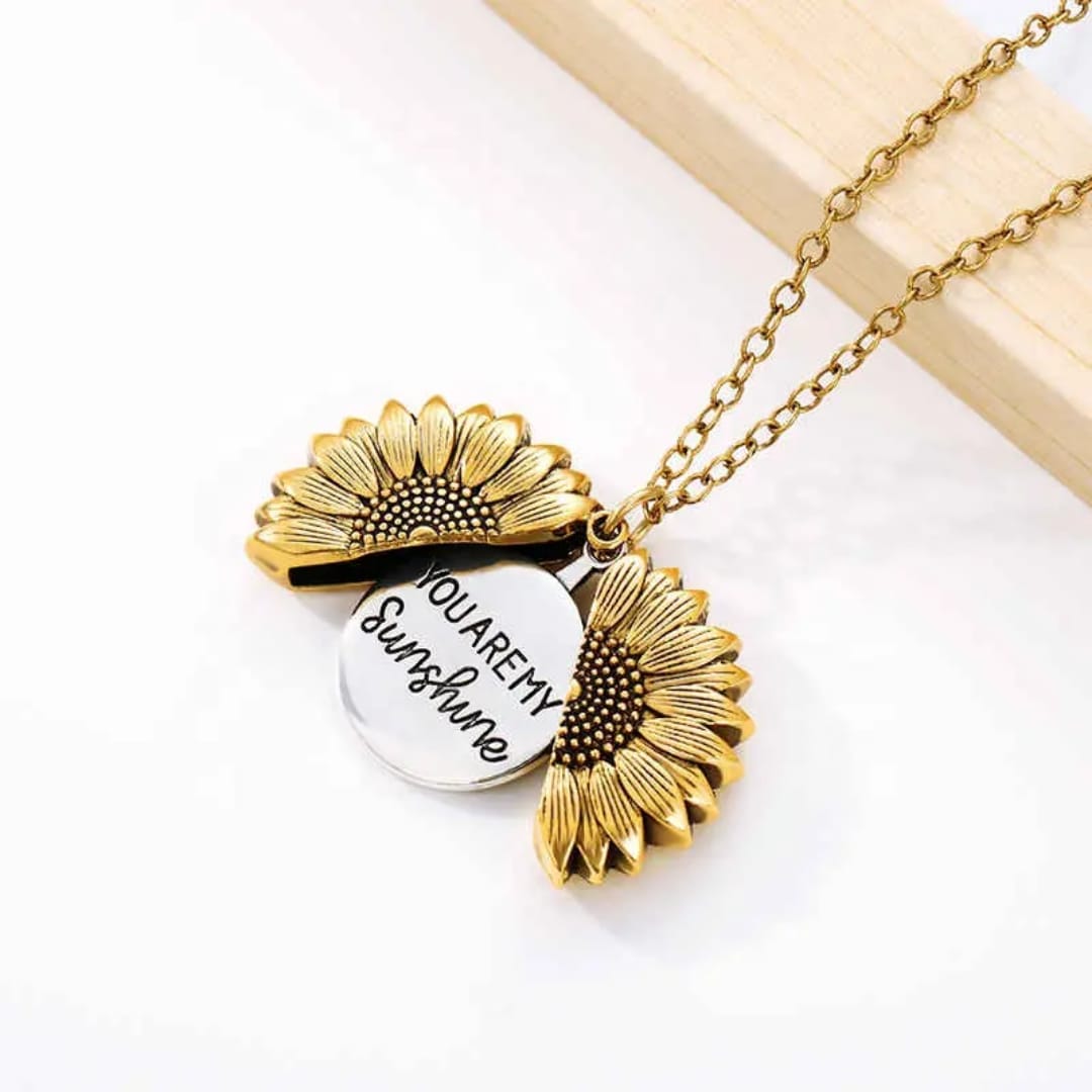 Sunflower Locket Necklace You are My Sunshine Necklace Golden Engraved Choker Memorial Necklace Valentine Secret Message Pendant Chain with Box for Girls Women Birthday Anniversary