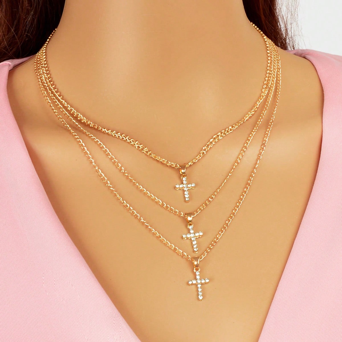 Unique Design Rhinestone Multi-layer Gold Silver Chain Cross Pendant Necklace-0