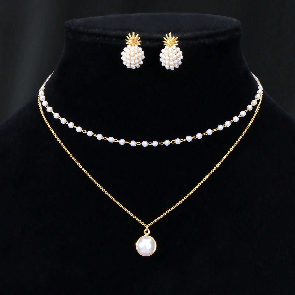Pearl Pendant Double Layer Necklace & Pineapple Pearl Earrings Jewellery Set-2