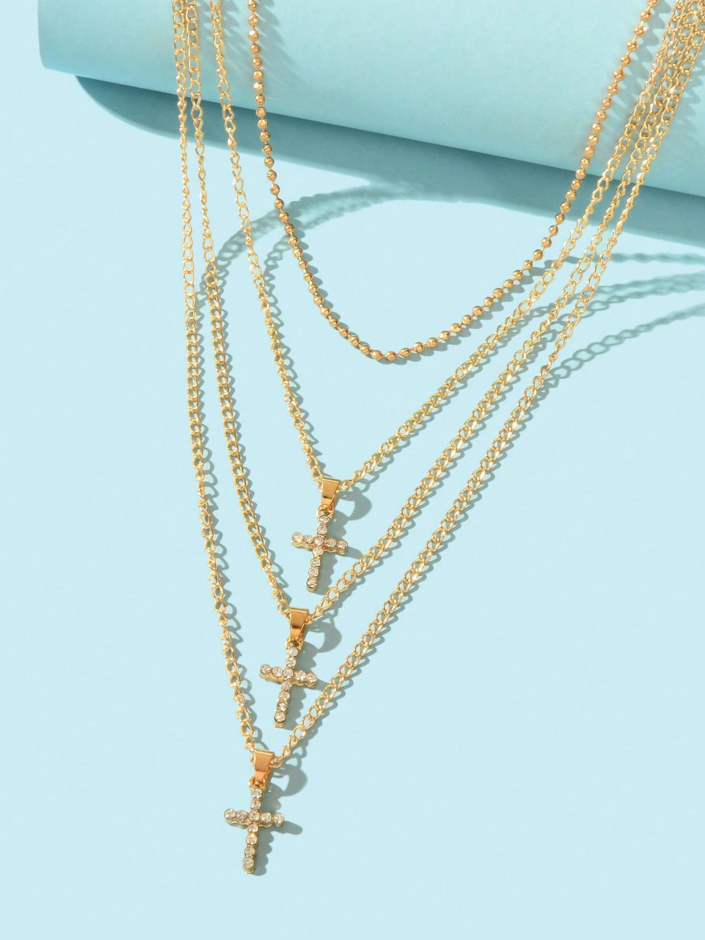 Unique Design Rhinestone Multi-layer Gold Silver Chain Cross Pendant Necklace-2